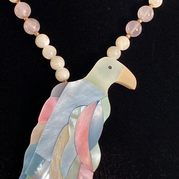 Vintage Karla Jordan Mother of Pearl Inlay Quartz Parrott Necklace - Picture 2 of 9